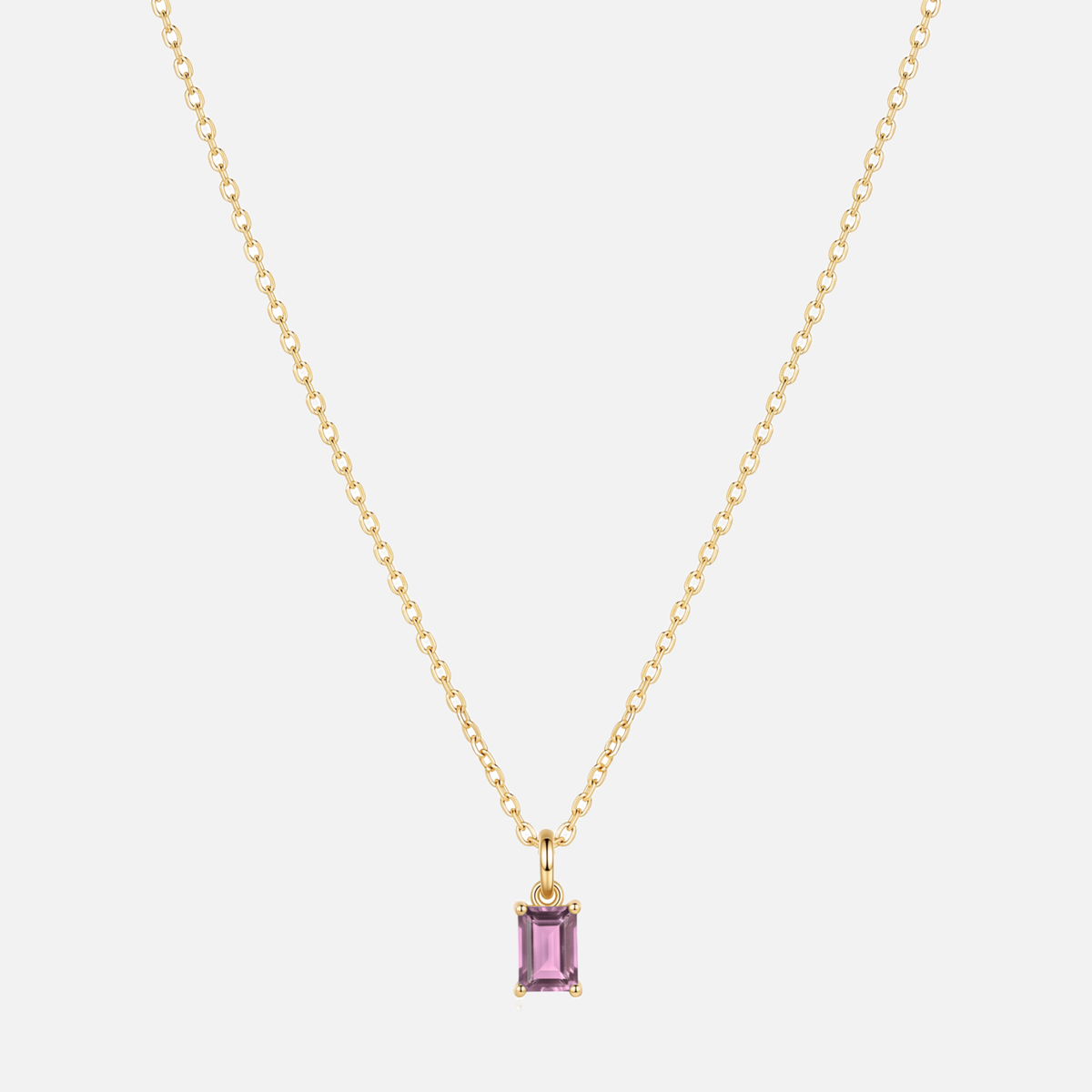 Éclat baguette birthstone necklace in gold with an October rose quartz-coloured birthstone