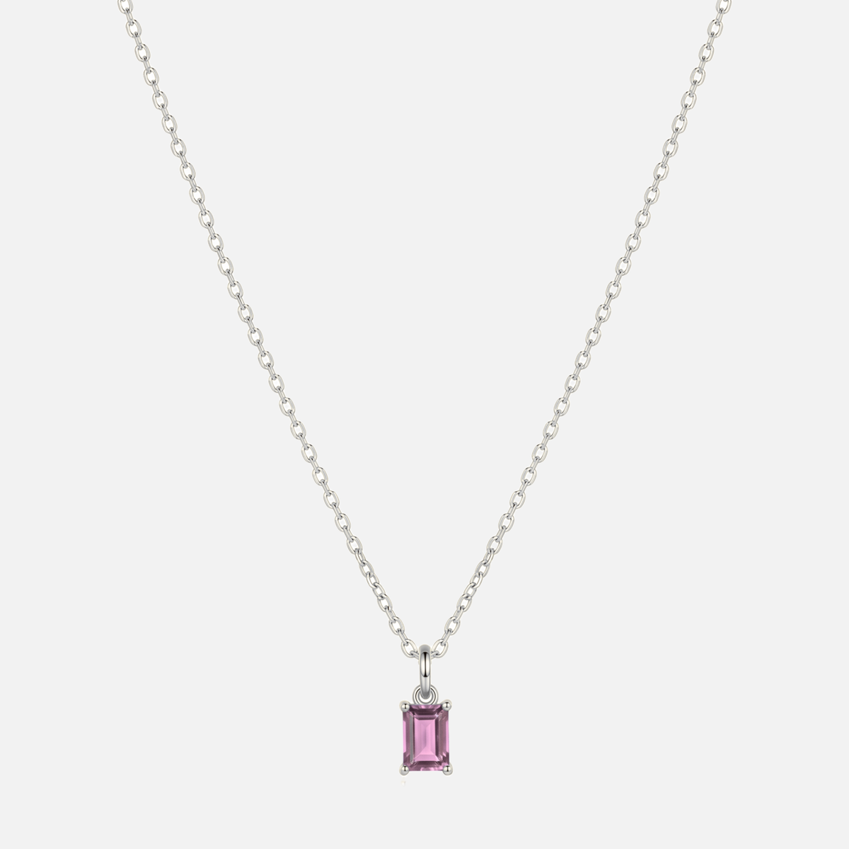 Éclat baguette birthstone necklace in silver with an October rose quartz-coloured birthstone