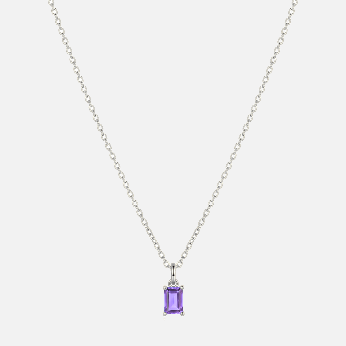 Éclat baguette birthstone necklace in silver with a February amethyst-coloured birthstone