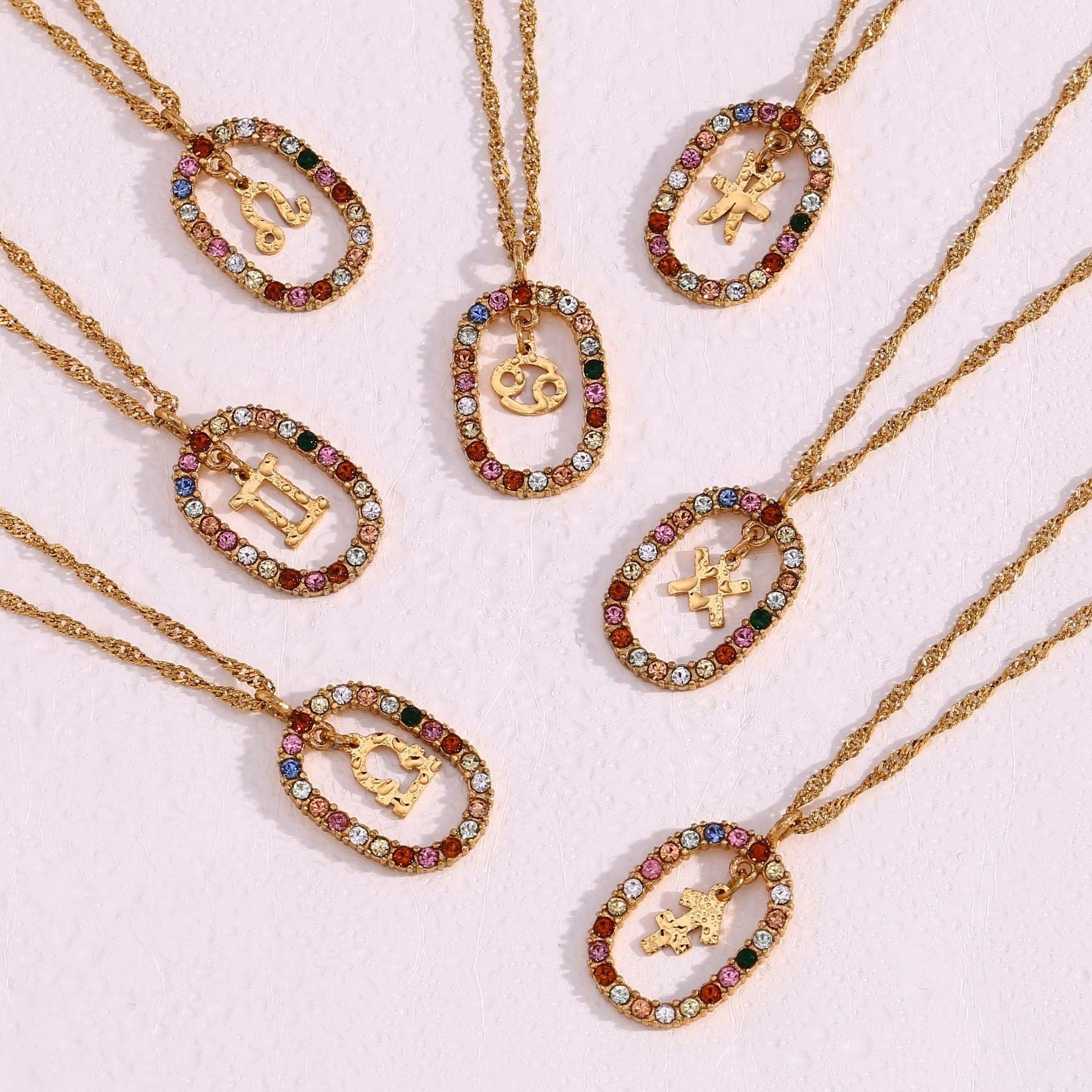 Oval Gemstone Encrusted Zodiac Necklace - Jewelled Me
