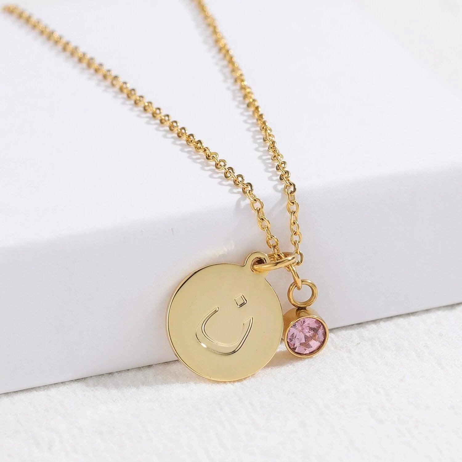 Engraved Arabic Initial Pendant w. Birthstone - Jewelled Me