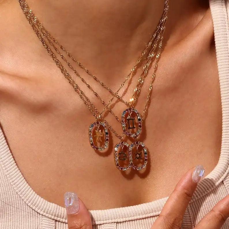 Oval Gemstone Encrusted Zodiac Necklace - Jewelled Me
