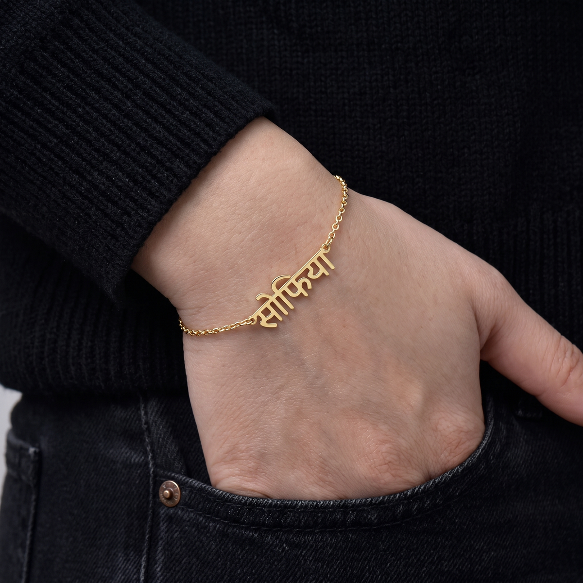 Custom Language Bracelet worn on the wrist, personalised name in another language