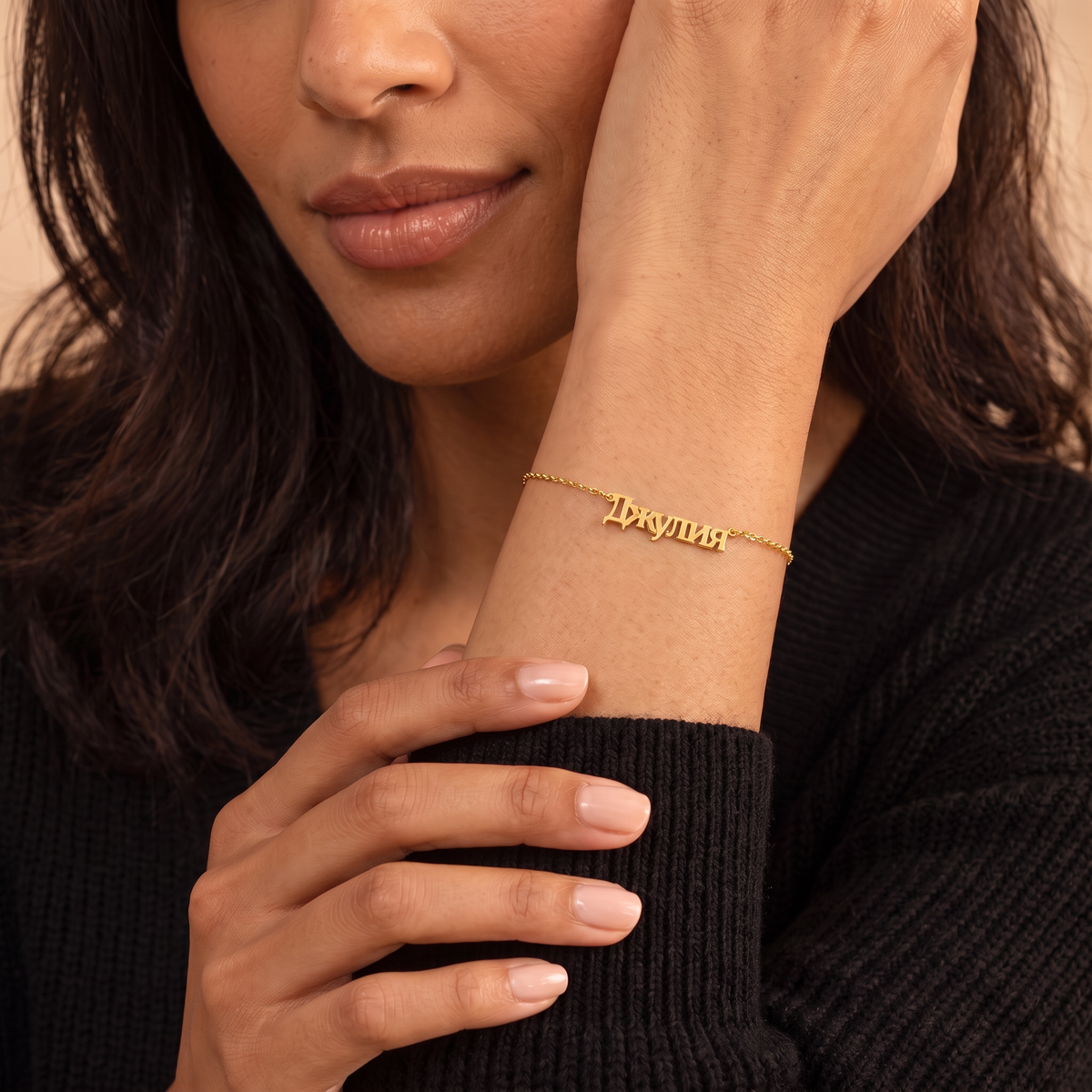 Custom Language Bracelet worn on the wrist, personalised name in another language