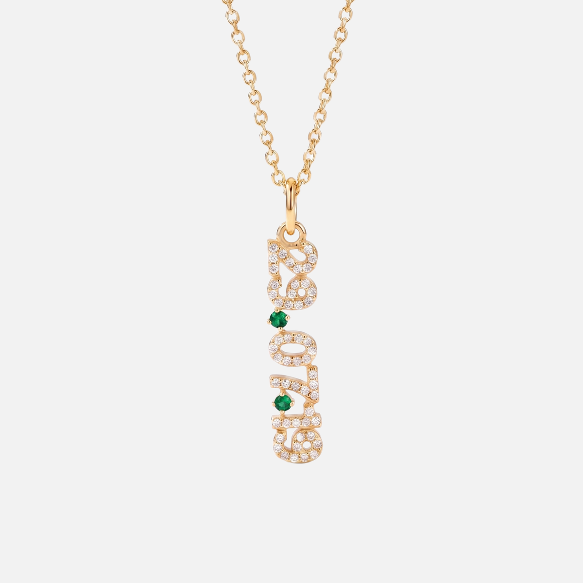 Mini Pave Date Necklace (Vertical) in gold with May Emerald birthstone