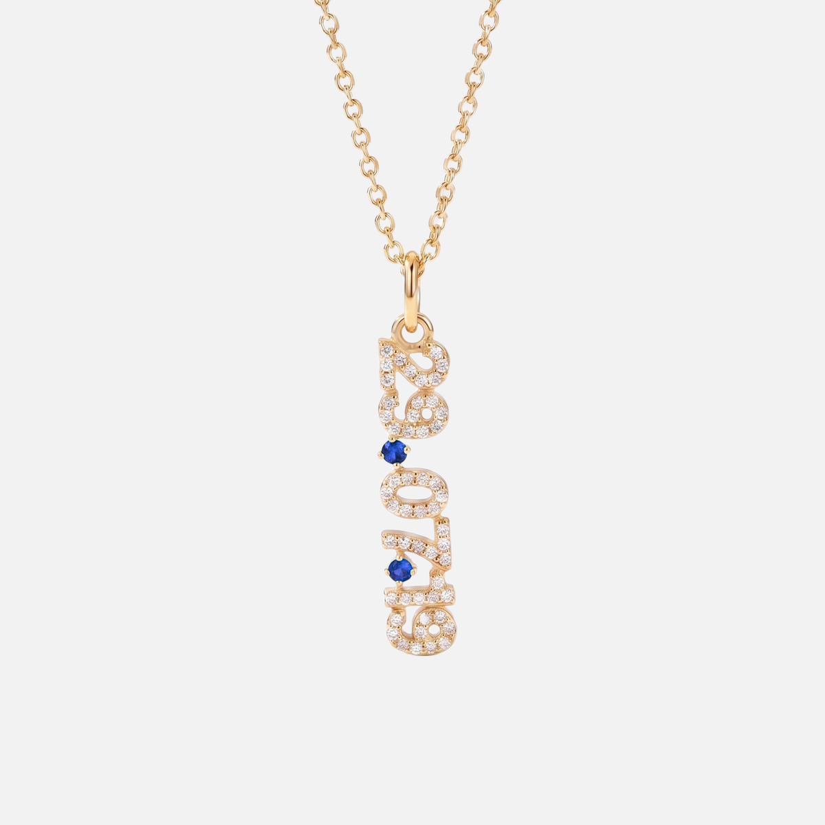 Mini Pave Date Necklace (Vertical) in gold with September Sapphire birthstone