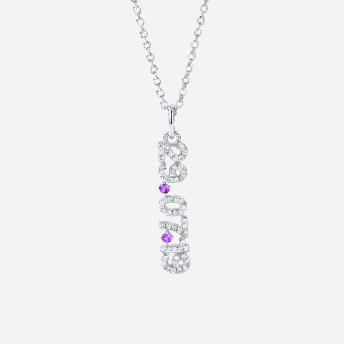 Mini Pave Date Necklace (Vertical) in silver with February Amethyst birthstone