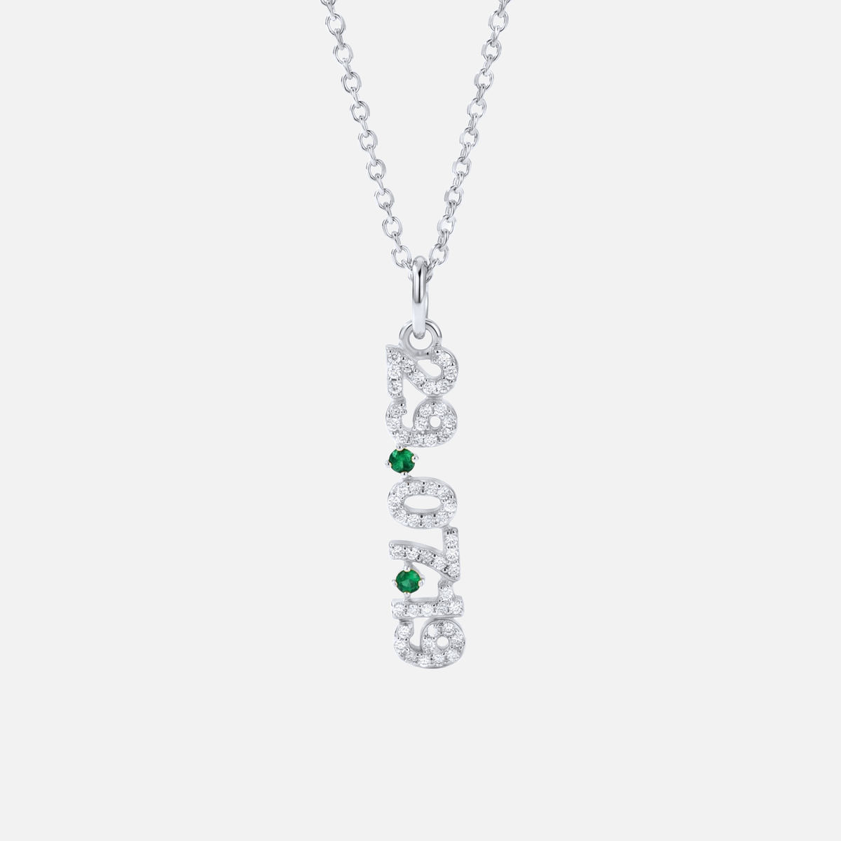 Mini Pave Date Necklace (Vertical) in silver with May Emerald birthstone
