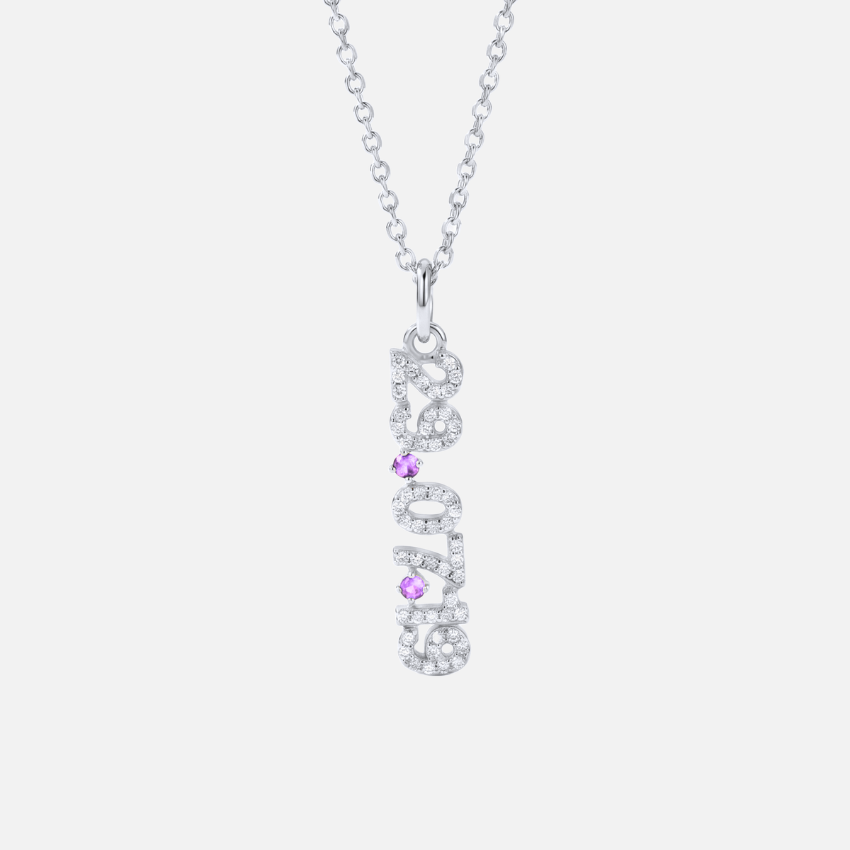 Mini Pave Date Necklace (Vertical) in silver with October Pink Tourmaline birthstone