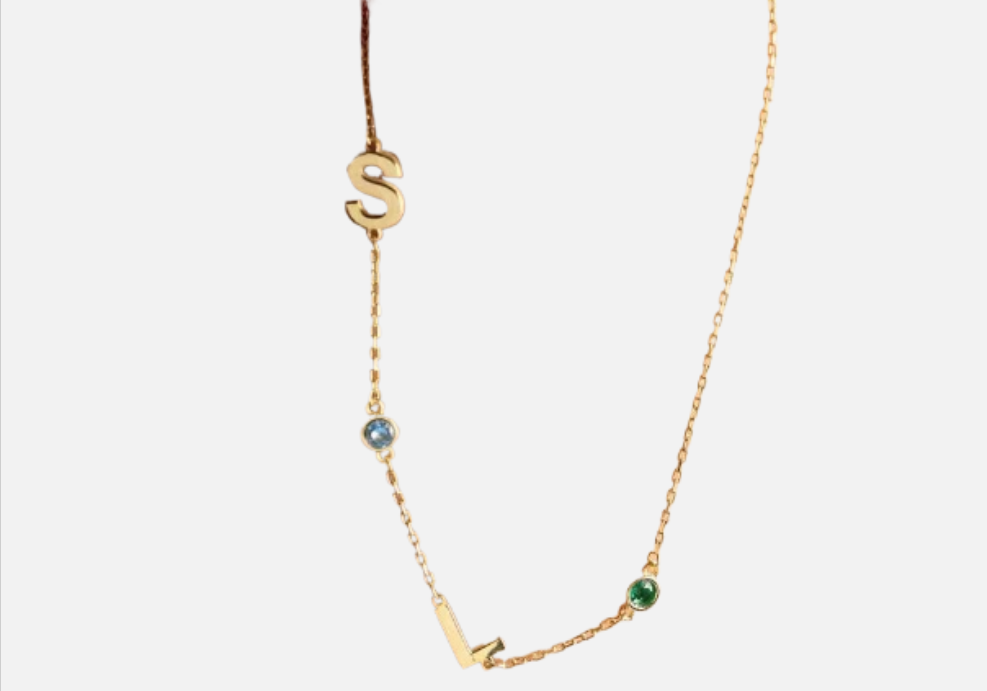 Asymmetric Custom Name &amp; Birthstone Necklace (14k Gold-Plated)