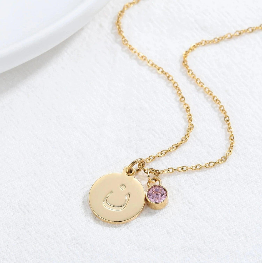 Engraved Arabic Initial Pendant w. Birthstone - Jewelled Me
