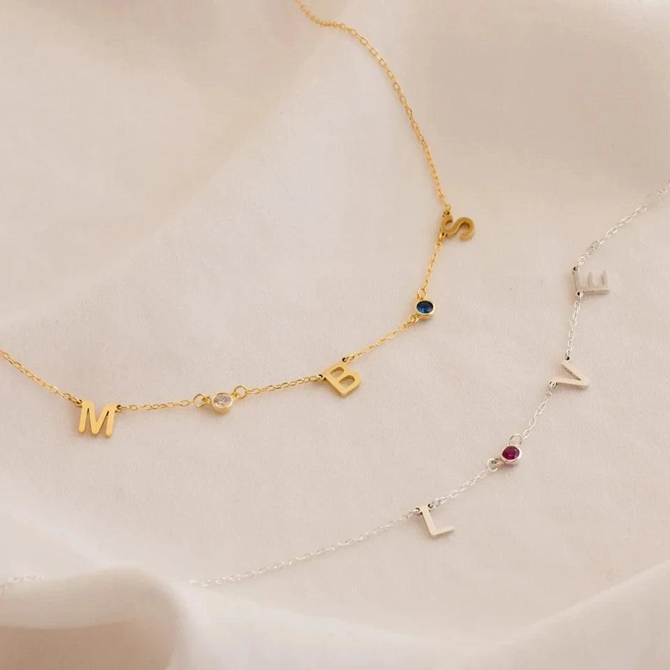 Symmetric Custom Name &amp; Birthstone Necklace (14k Gold-Plated) - Jewelled Me