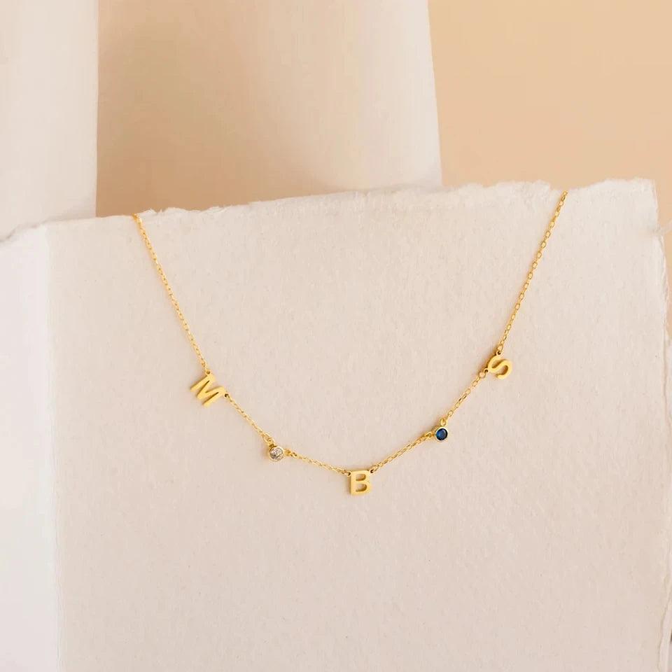 Symmetric Custom Name &amp; Birthstone Necklace (14k Gold-Plated) - Jewelled Me
