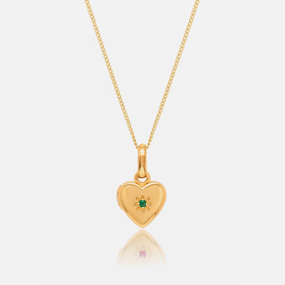 Close-up of the Gold Birthstone Heart Locket with May Emerald birthstone – Jewelled Me