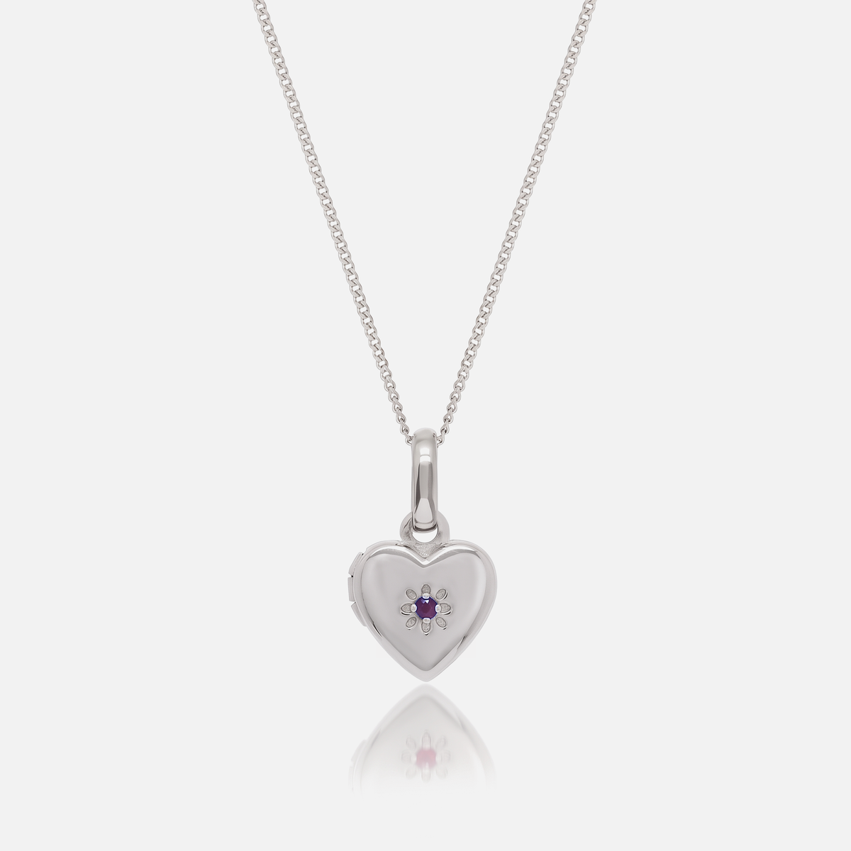 Close-up of the Silver Birthstone Heart Locket with June Alexandrite birthstone – Jewelled Me