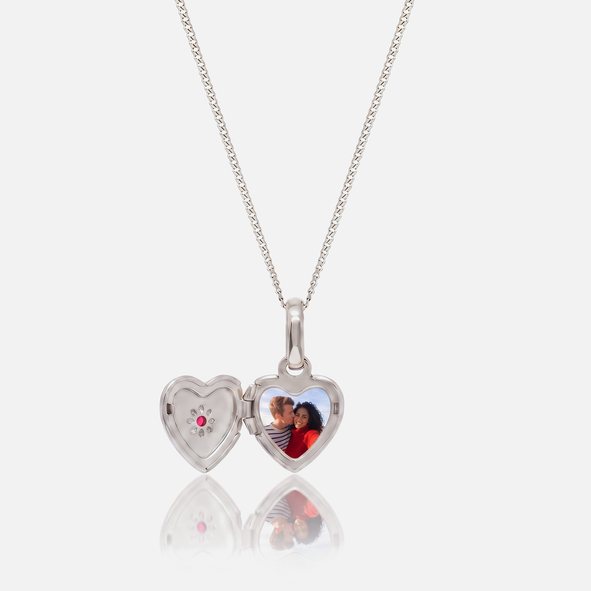 Silver Birthstone Heart Locket Necklace open to show a personalised photo inside – Jewelled Me