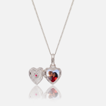 Silver Birthstone Heart Locket Necklace open to show a personalised photo inside – Jewelled Me
