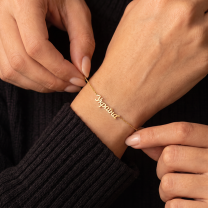 Custom Language Bracelet worn on the wrist, personalised name in another language