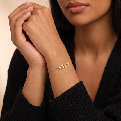 Custom Language Bracelet worn on the wrist, personalised name in another language