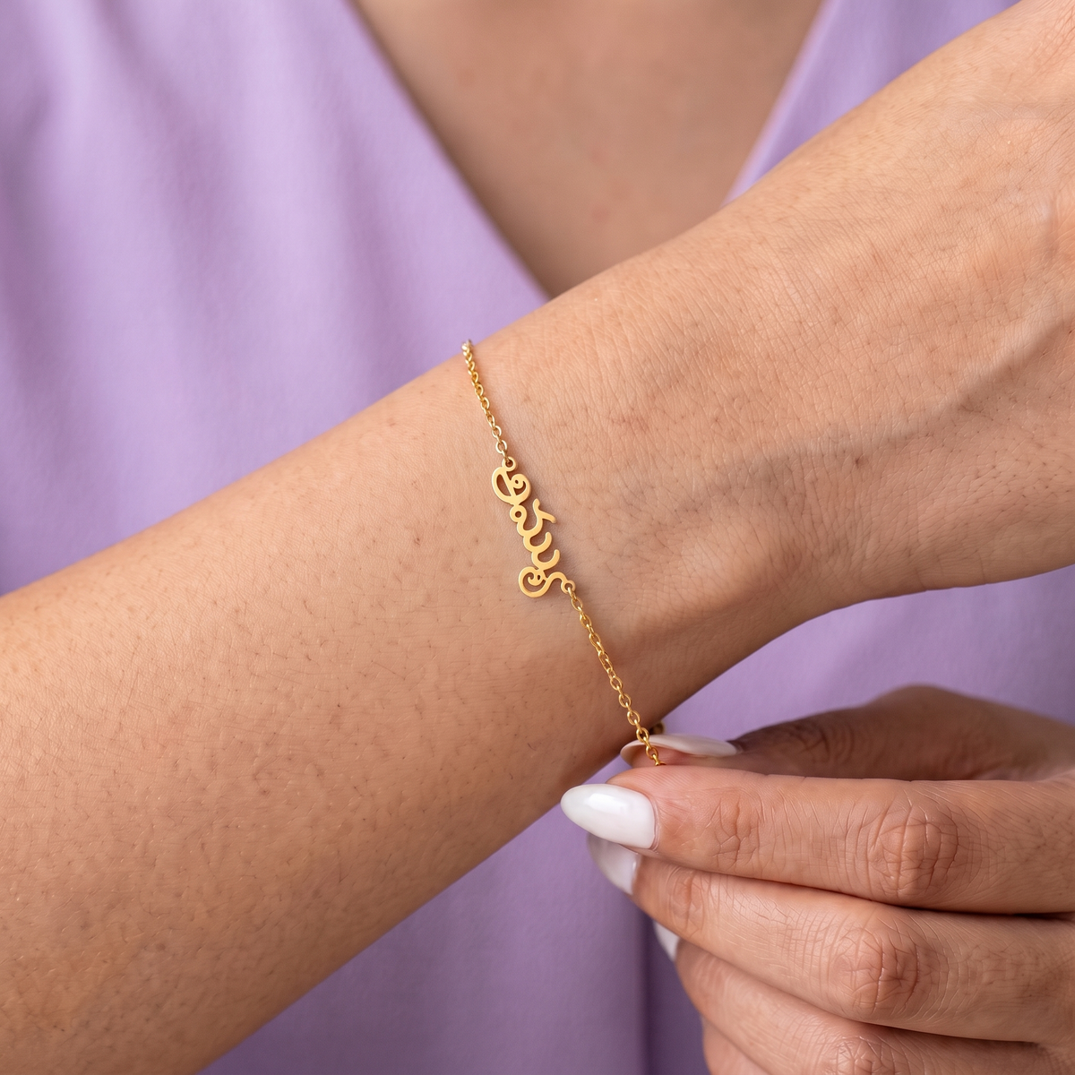 Custom Language Bracelet worn on the wrist, personalised name in another language