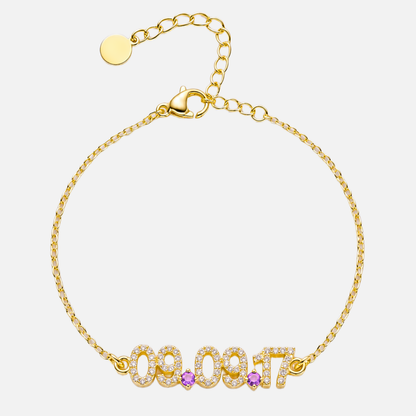 Mini Pave Custom Date Bracelet in gold with October Pink Tourmaline birthstone