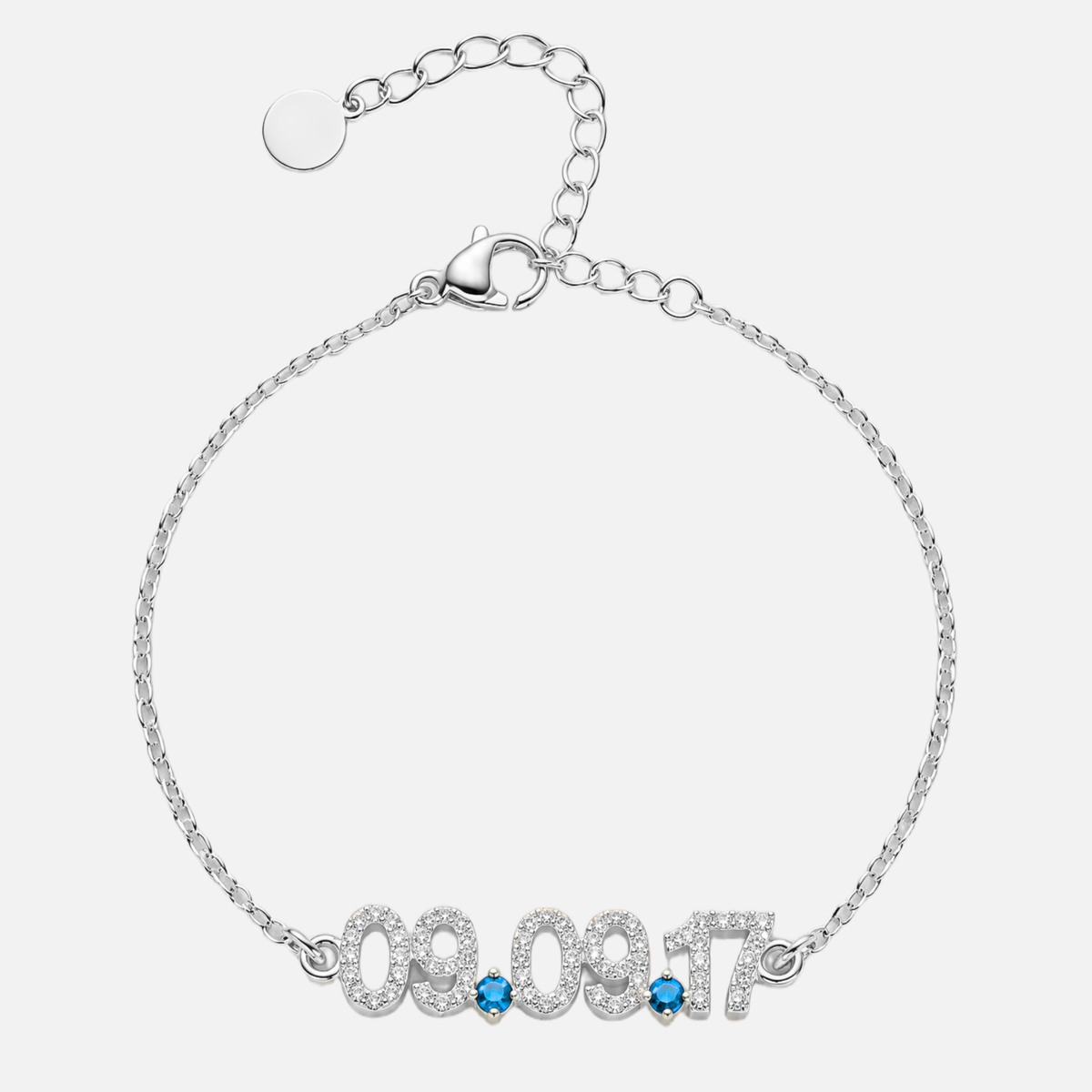 Mini Pave Custom Date Bracelet in silver with December Blue Topaz birthstone