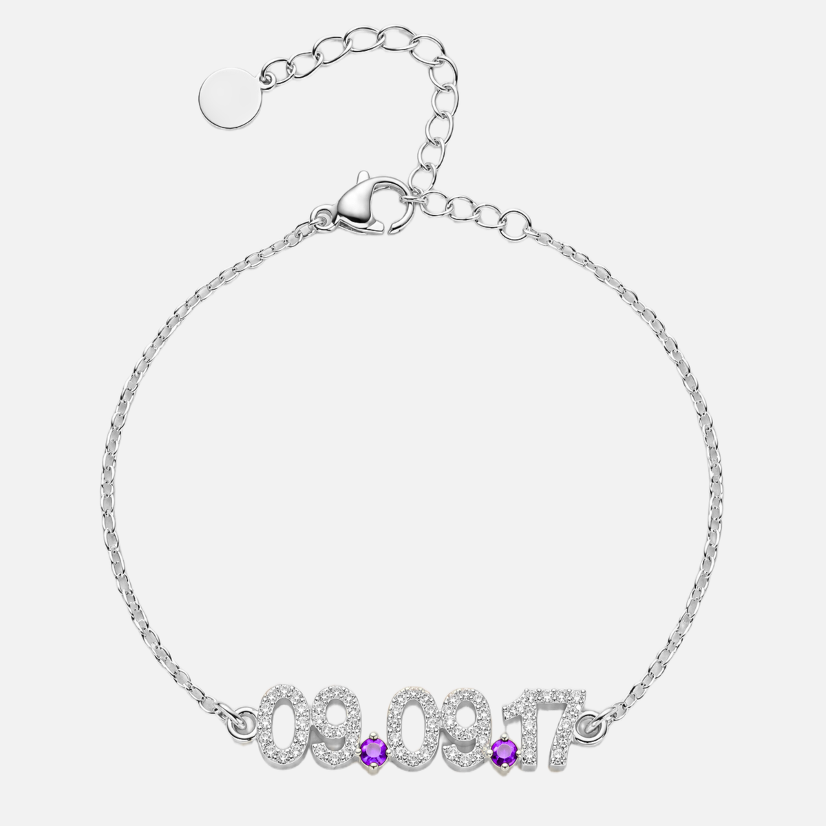 Mini Pave Custom Date Bracelet in silver with February Amethyst birthstone