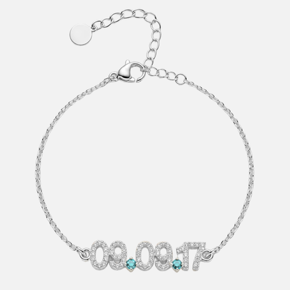 Mini Pave Custom Date Bracelet in silver with March Aquamarine birthstone