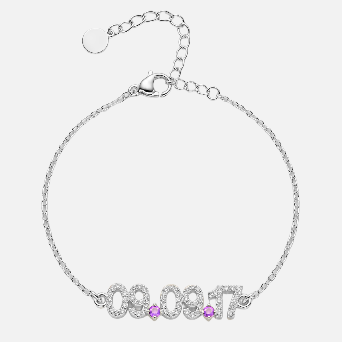 Mini Pave Custom Date Bracelet in silver with October Pink Tourmaline birthstone
