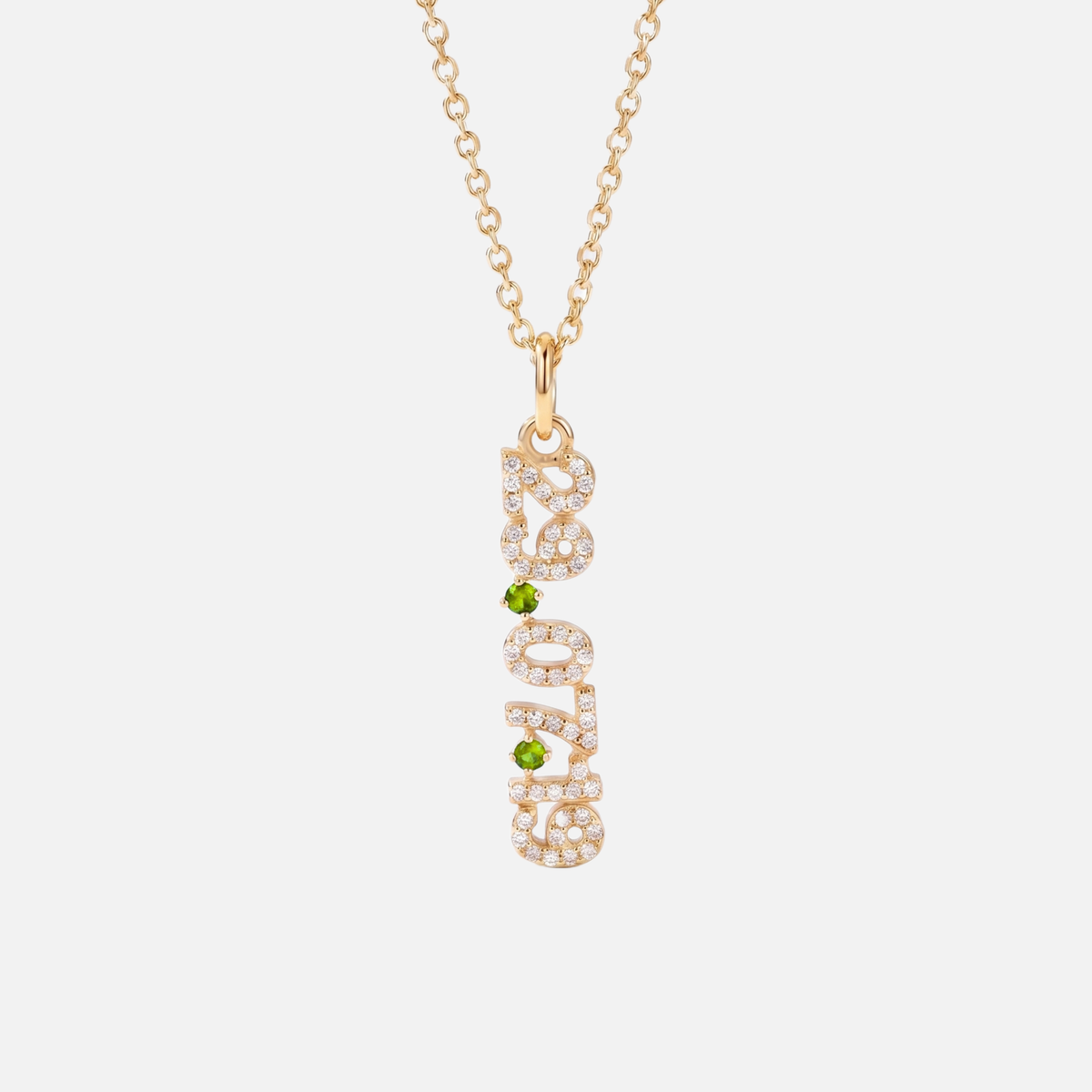 Mini Pave Date Necklace (Vertical) in gold with August Peridot birthstone