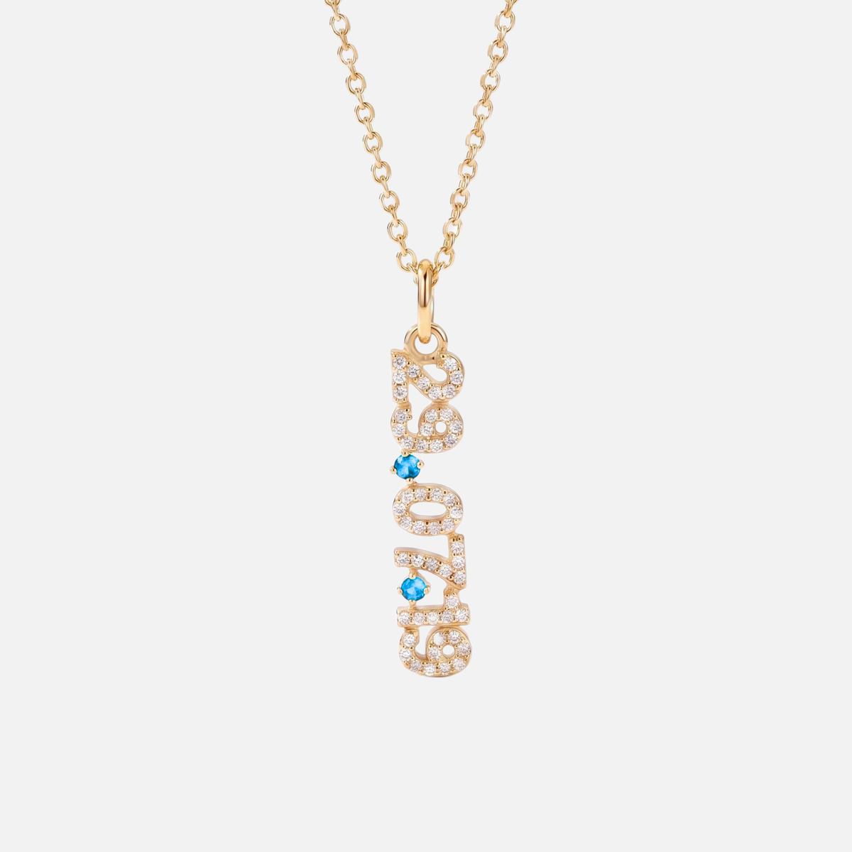 Mini Pave Date Necklace (Vertical) in gold with December Blue Topaz birthstone