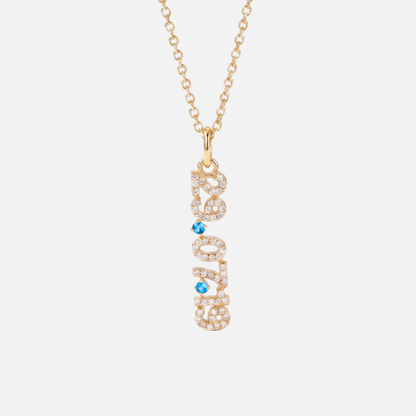 Mini Pave Date Necklace (Vertical) in gold with December Blue Topaz birthstone