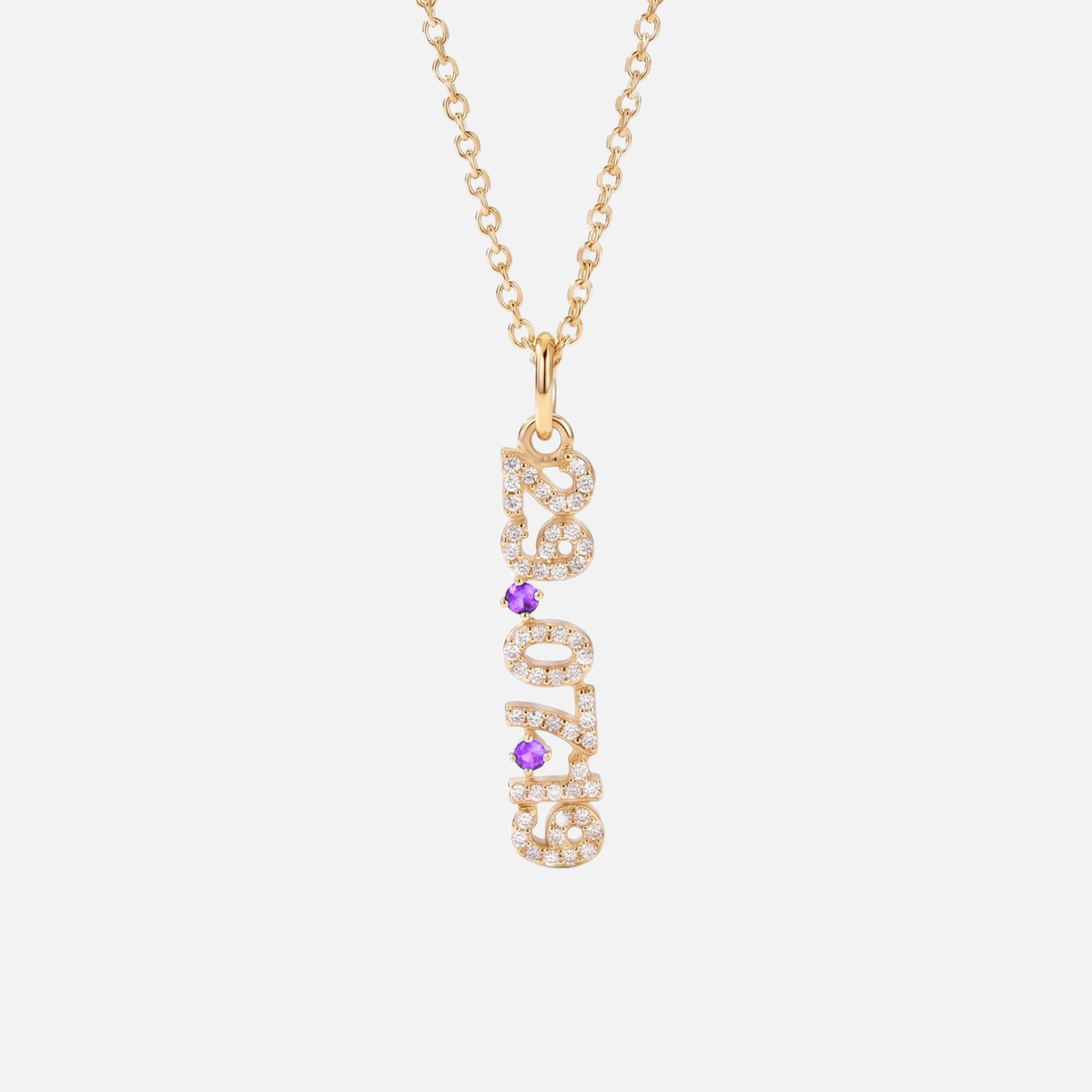 Mini Pave Date Necklace (Vertical) in gold with February Amethyst birthstone