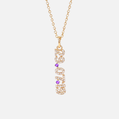 Mini Pave Date Necklace (Vertical) in gold with February Amethyst birthstone