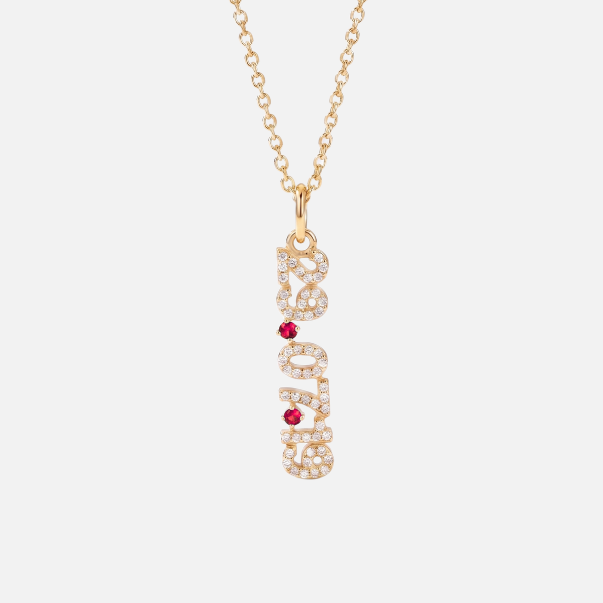 Mini Pave Date Necklace (Vertical) in gold with July Ruby birthstone