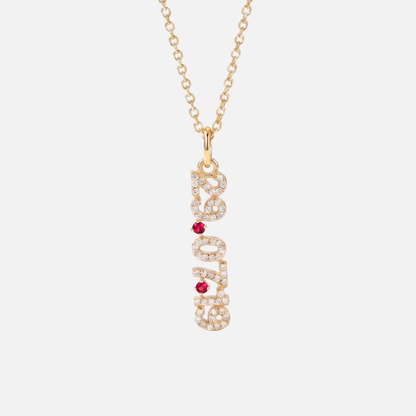 Mini Pave Date Necklace (Vertical) in gold with July Ruby birthstone