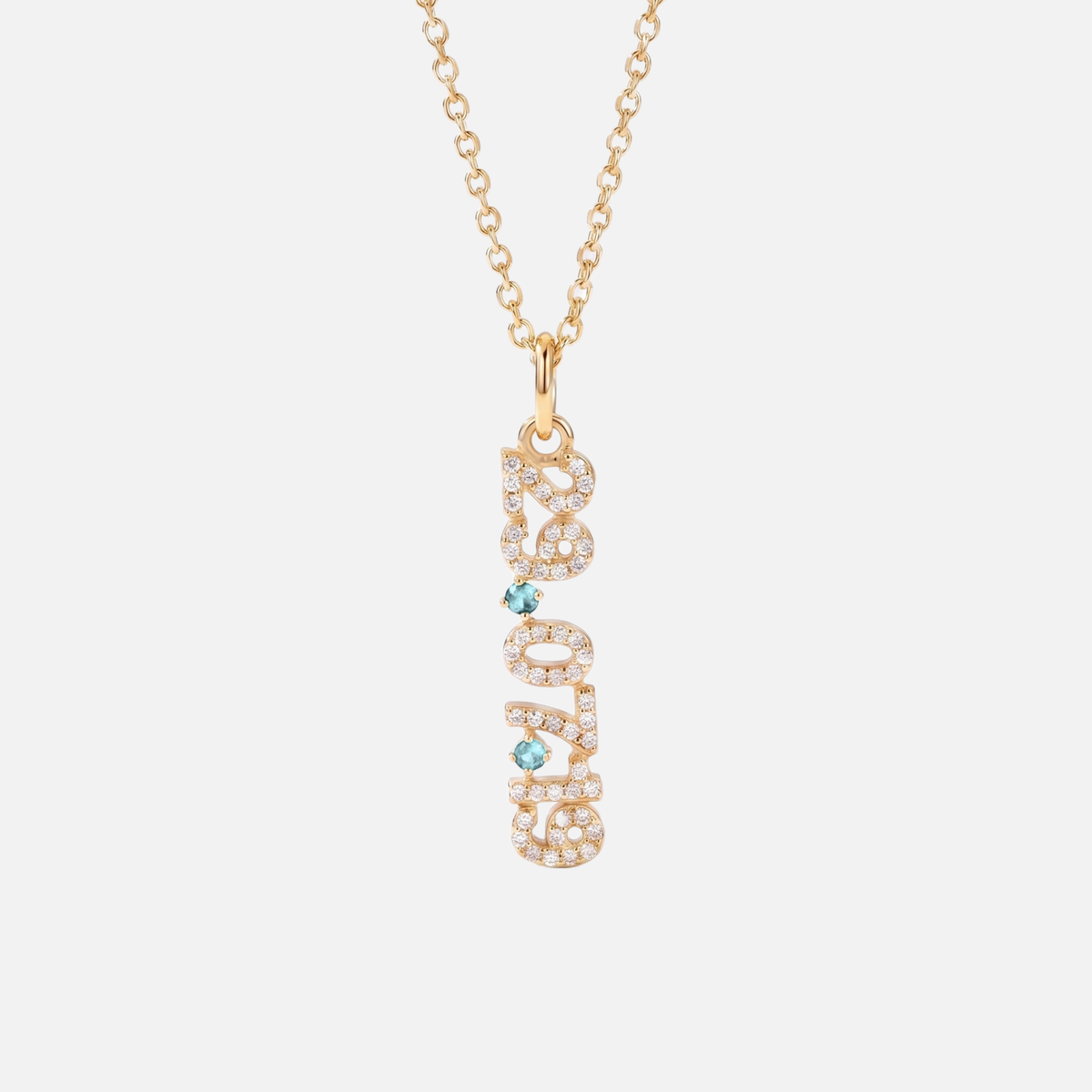 Mini Pave Date Necklace (Vertical) in gold with March Aquamarine birthstone