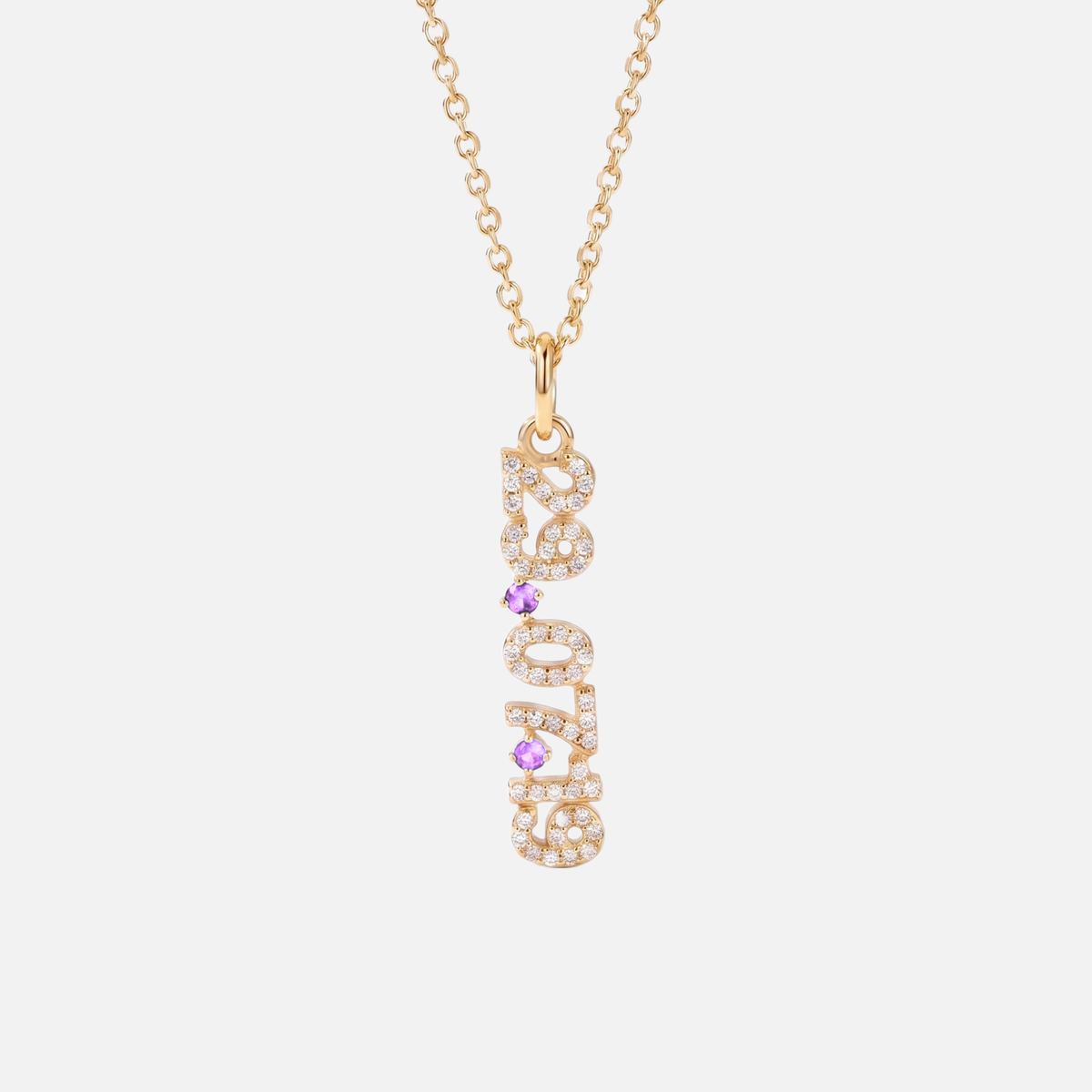 Mini Pave Date Necklace (Vertical) in gold with October Pink Tourmaline birthstone