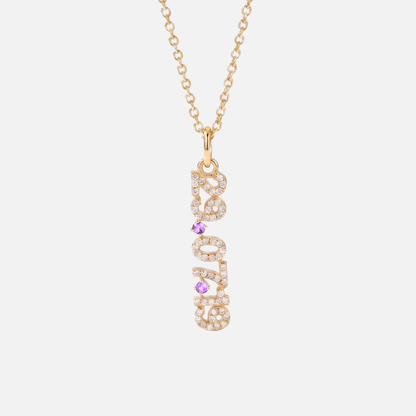 Mini Pave Date Necklace (Vertical) in gold with October Pink Tourmaline birthstone