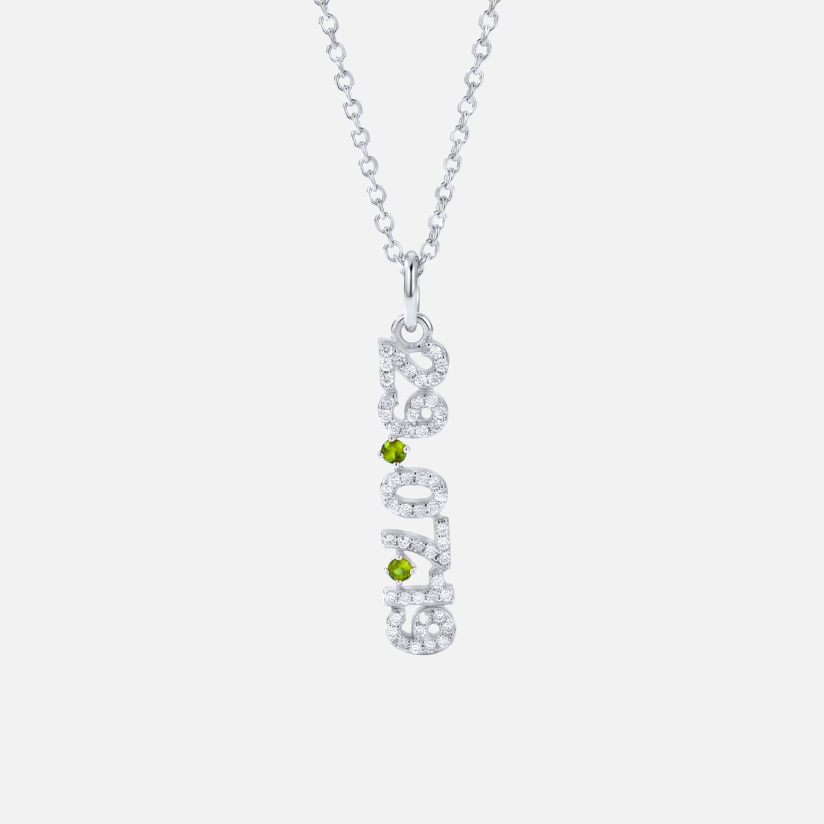 Mini Pave Date Necklace (Vertical) in silver with August Peridot birthstone