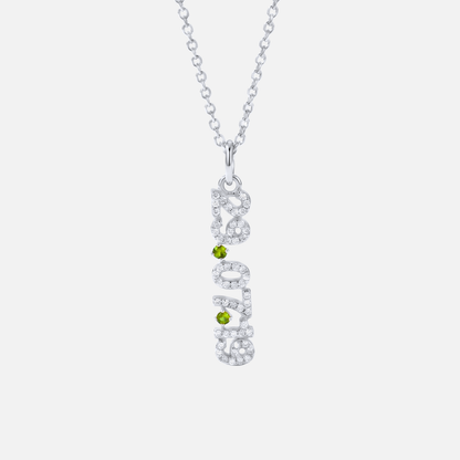Mini Pave Date Necklace (Vertical) in silver with August Peridot birthstone