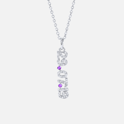 Mini Pave Date Necklace (Vertical) in silver with February Amethyst birthstone