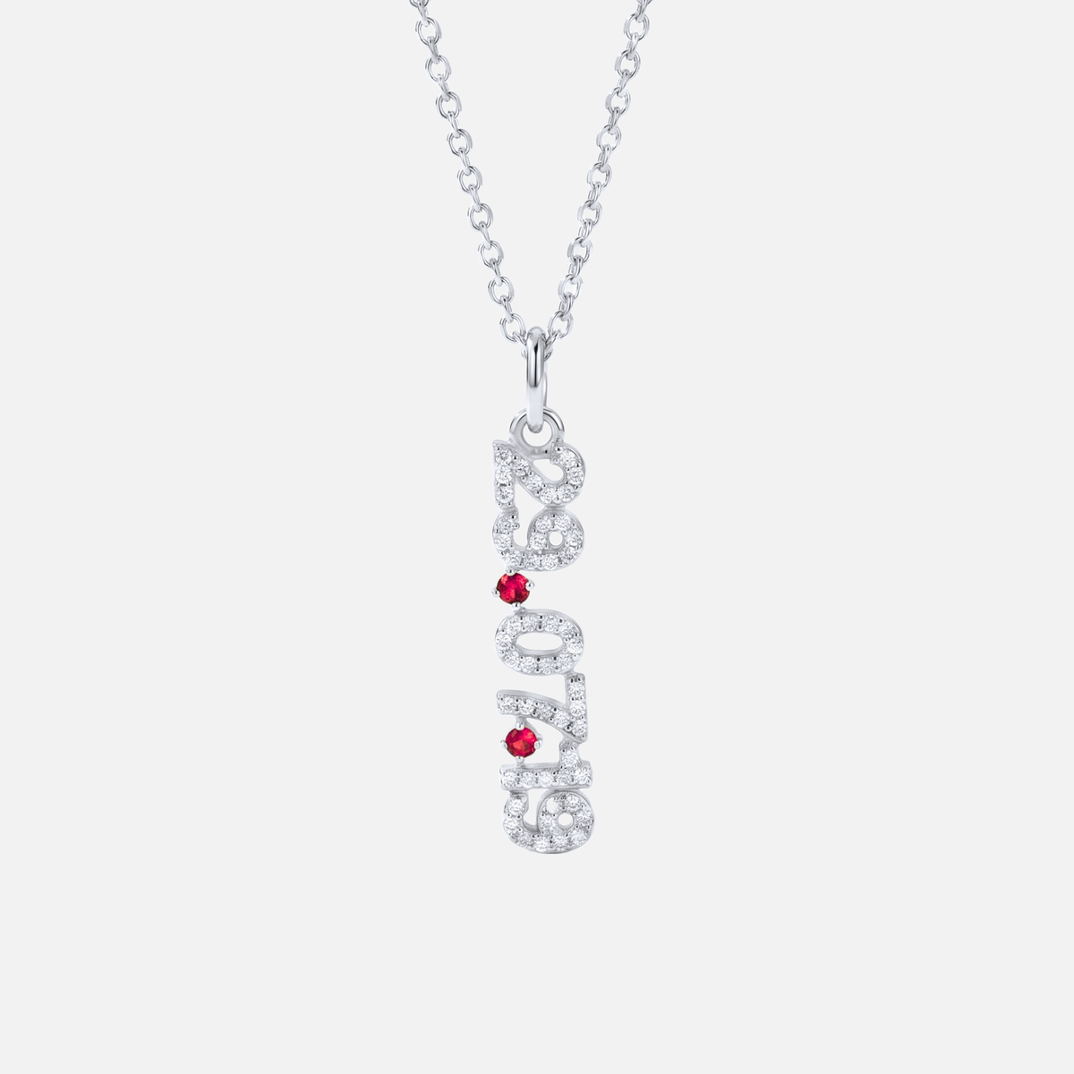 Mini Pave Date Necklace (Vertical) in silver with July Ruby birthstone