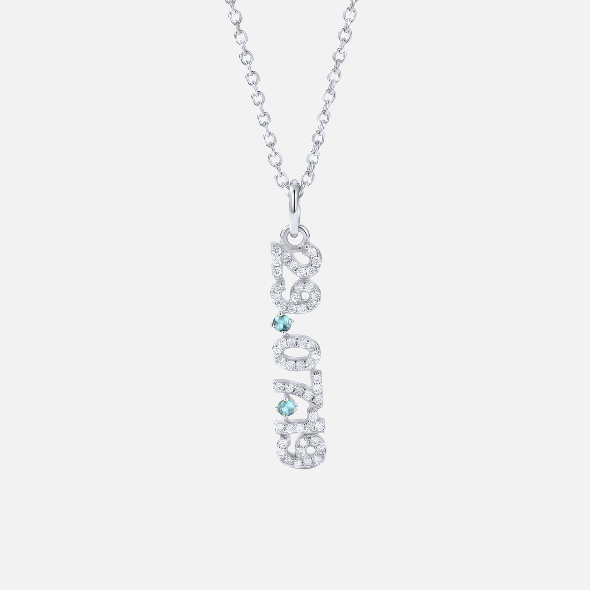 Mini Pave Date Necklace (Vertical) in silver with March Aquamarine birthstone
