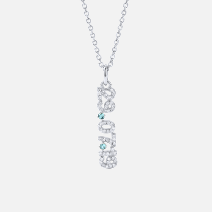 Mini Pave Date Necklace (Vertical) in silver with March Aquamarine birthstone