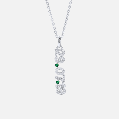 Mini Pave Date Necklace (Vertical) in silver with May Emerald birthstone